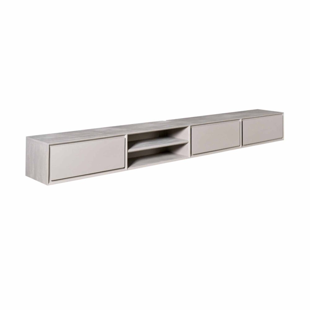 Modern wandmeubel in licht grijze houtlook, ideaal voor tv en opbergruimte. Strakke lijnen en minimalistisch design passen perfect in elk interieur. Mokana Meubelen kwaliteit en stijl gegarandeerd.