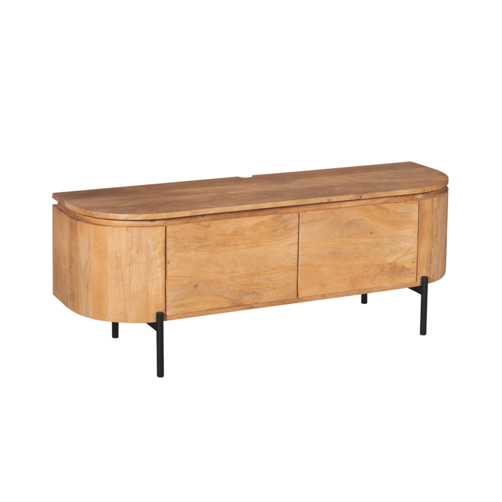 Rustieke houten tv-meubel met zwart metalen poten, Scandinavisch design, natuurlijke afwerking, ruime opbergruimte, modern en functioneel, geschikt voor woonkamer of tv-kamer.