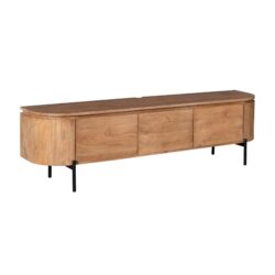 Vintage houten TV meubel met zwart metalen poten, modern en functioneel design, perfect voor een woonkamer of slaapkamer.