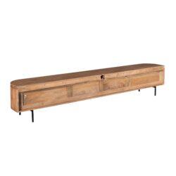 Robuuste houten mediameubel met zwart metalen poten, perfect voor een landelijke of moderne woonkamer. Gemaakt van natuurlijk sheesham hout, biedt voldoende opbergruimte en een warme uitstraling.