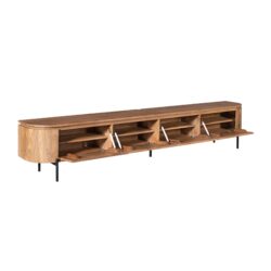 Robuuste houten tv-meubel met verstelbare uitschuifbare planken, industrieel design en zwart metalen poten, perfect voor modern interieur en tv-opstellingen.