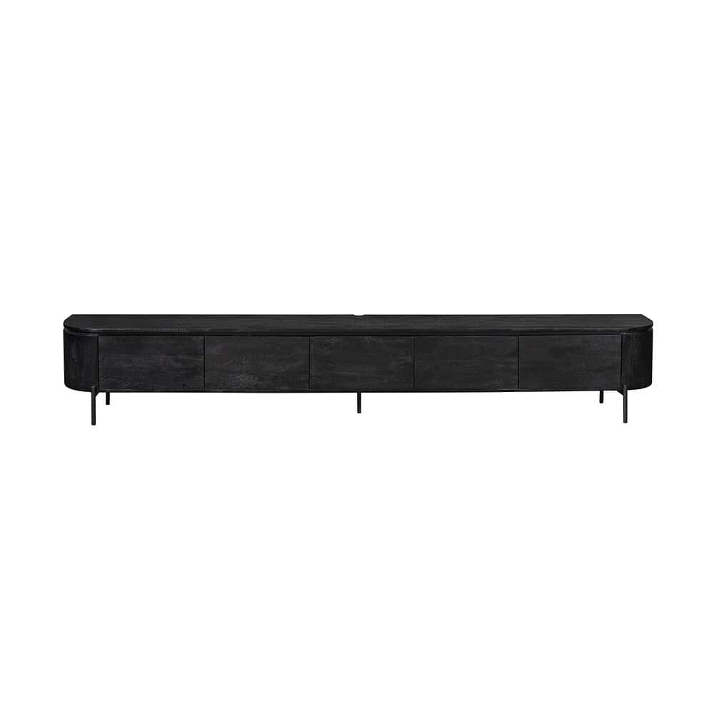Elegant zwarte houten TV-meubel met minimalistisch design en metalen poten, perfect voor moderne woonkamers en opbergen voor tv-apparaten en multimedia accessoires.