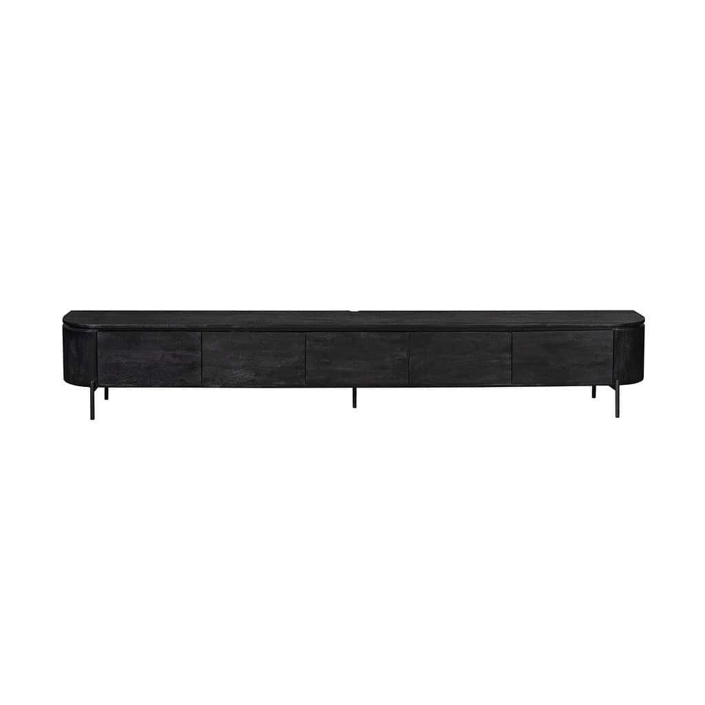 Elegant zwarte houten TV-meubel met minimalistisch design en metalen poten, perfect voor moderne woonkamers en opbergen voor tv-apparaten en multimedia accessoires.