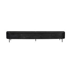 Elegant zwarte houten TV-meubel met minimalistisch design en metalen poten, perfect voor moderne woonkamers en opbergen voor tv-apparaten en multimedia accessoires.