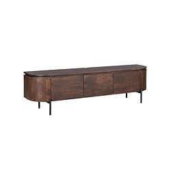 Stoere houten TV-meubel met een modern zwart metalen onderstel, ideaal voor een stijlvolle woonkamer en perfect voor het opbergen van mediacomponenten en accessoires.