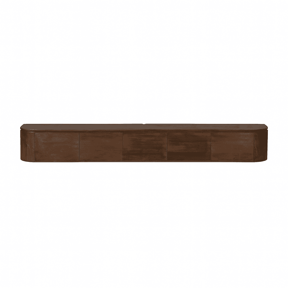 Ingerichte houten tv-meubel van donkerwalnoot met strakke, moderne uitstraling en opbergruimte, perfect voor een stijlvolle woonkamer.