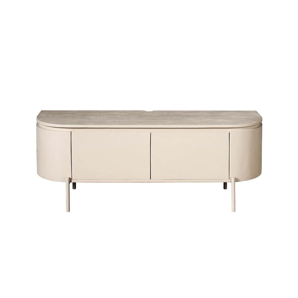 Luxe modern TV-meubel in creme met een warme houtlook top, strak en elegant ontwerp, perfect voor een eigentijdse woonkamer.