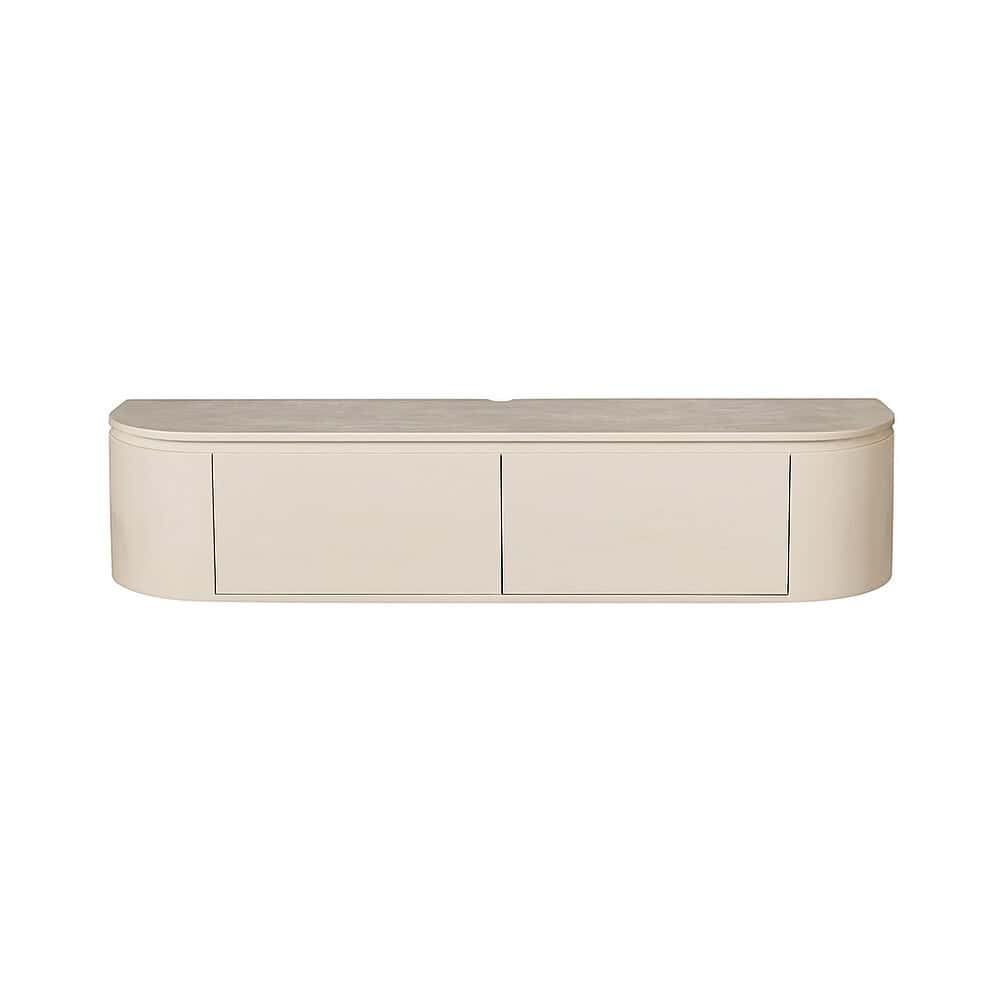 Lage, wit kastenwand met afgeronde vormen en gesloten opbergdeuren voor moderne interieurdecoratie.