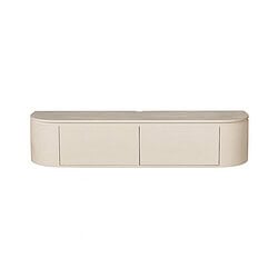 Lage, wit kastenwand met afgeronde vormen en gesloten opbergdeuren voor moderne interieurdecoratie.