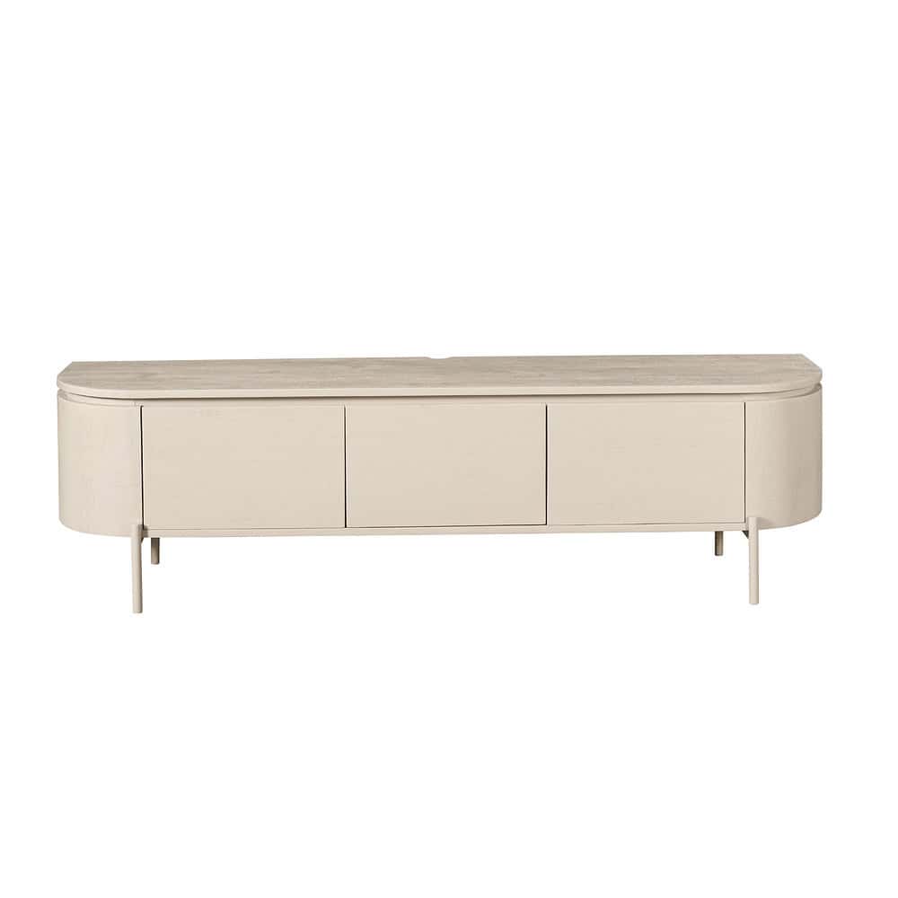 Elegante TV-meubel van licht repen hout, modern en functioneel, perfect voor Scandinavisch interieur, ruime opbergmogelijkheden, hoge kwaliteit houten meubelstuk.