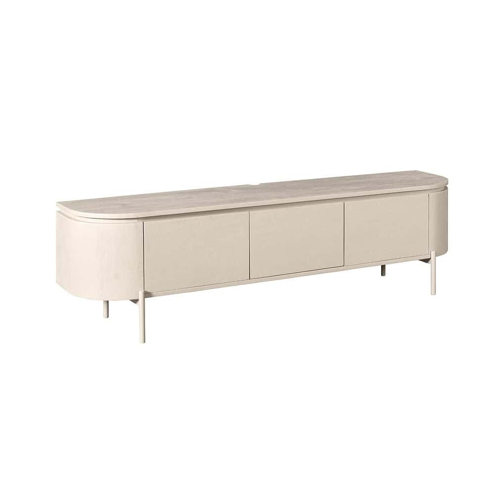 Luxe wit houten tv-meubel met afgeronde hoeken en moderne uitstraling, perfect voor stijlvolle woonkamers en tv-kamers.