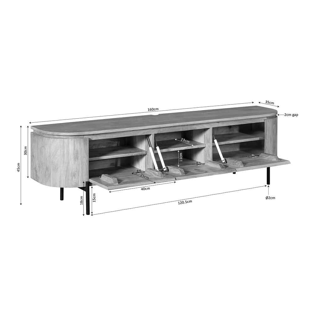 Modern houten tv-meubel met inklapbare schuifdeuren en praktische opbergruimte, maatvoering en design voor een stijlvolle woonkamer.