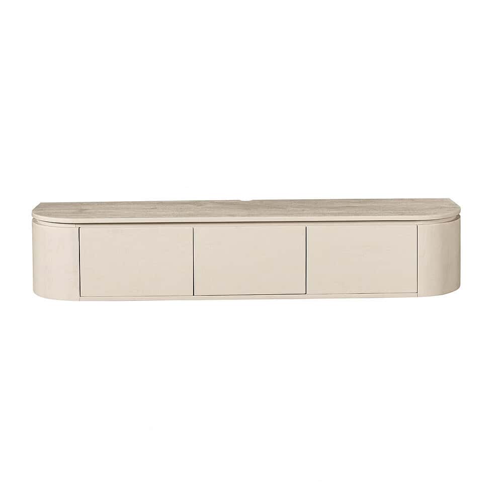 Strak beige houten tv-meubel met opbergkast en zacht afgeronde hoeken, perfect voor moderne woonkamers.