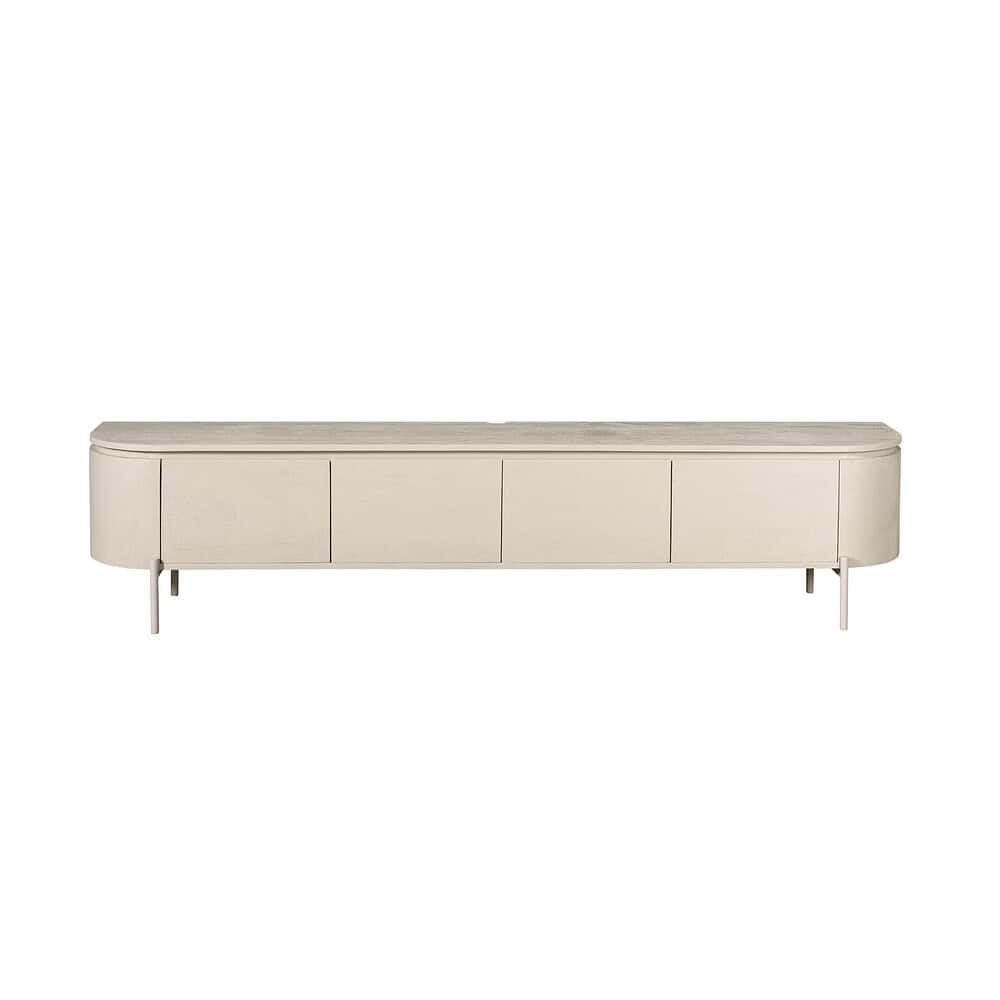 Strakke witte dressoir met houten bovenkant en metalen poten, perfect voor moderne woonkamers en opbergoplossingen van hoogwaardige kwaliteit.