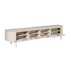 Elegante houten TV meubel met uitschuifbare laden en open opbergvakken, perfect voor moderne woonkamers.