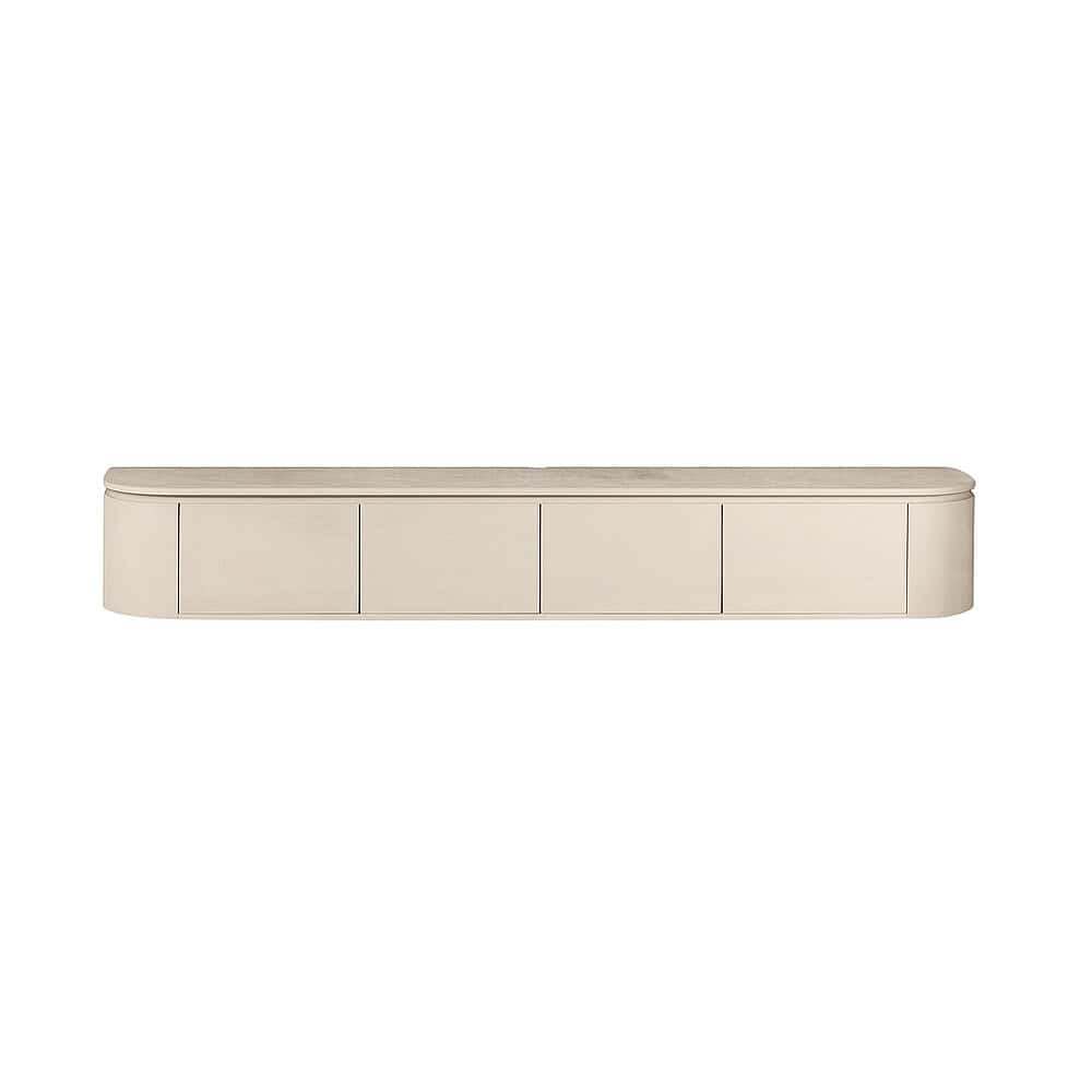 Lange wandkast in wit met strak design en zachte ronde hoeken, ideaal voor woonkamer of slaapkamer.