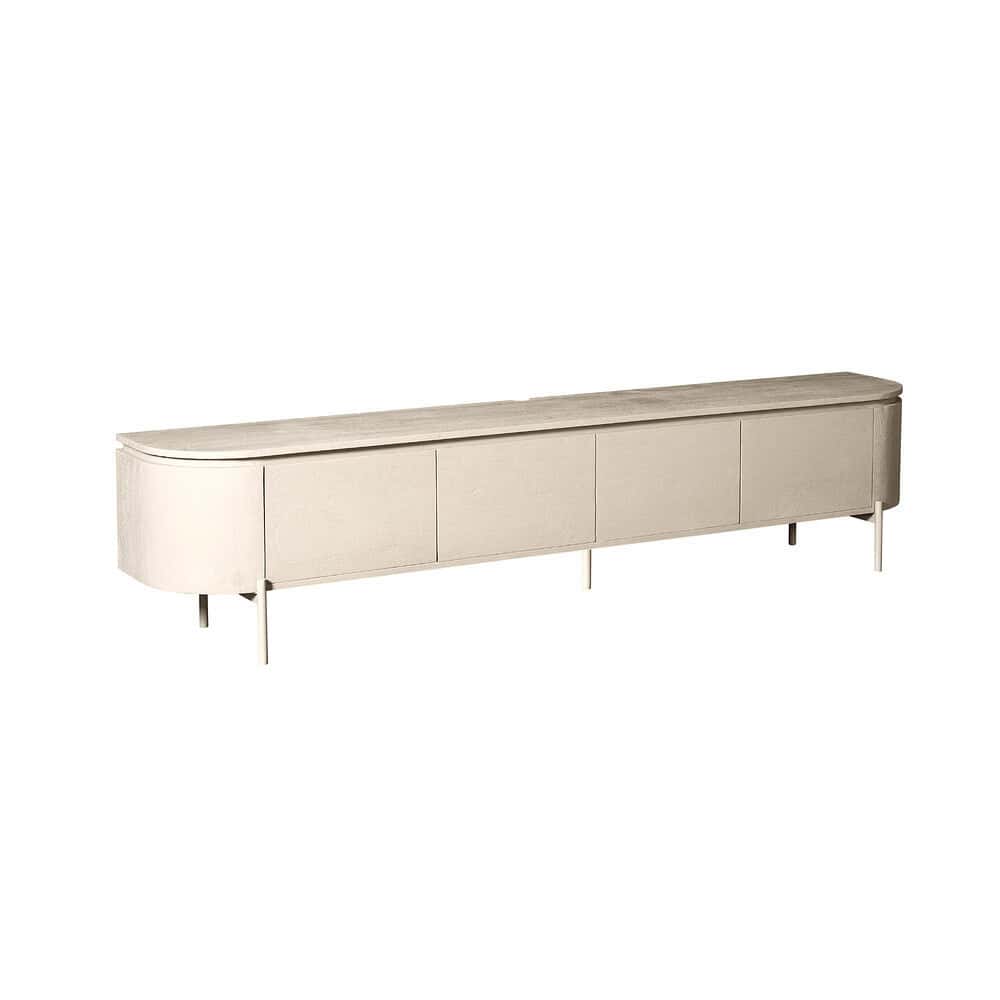 Licht eiken houten tv-meubel met glanzende afwerking en modern design, geïnspireerd door Scandinavische stijl voor een strakke woonkamer, vervaardigd door Mokana Meubelen.