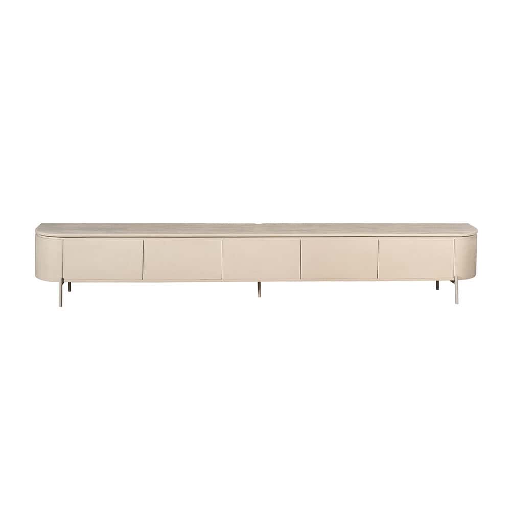 Elegante vintage houten tv-meubel met uniek design en meerdere opbergladen, perfect voor moderne woonkamers en eyecatching entertainmentmeubel.