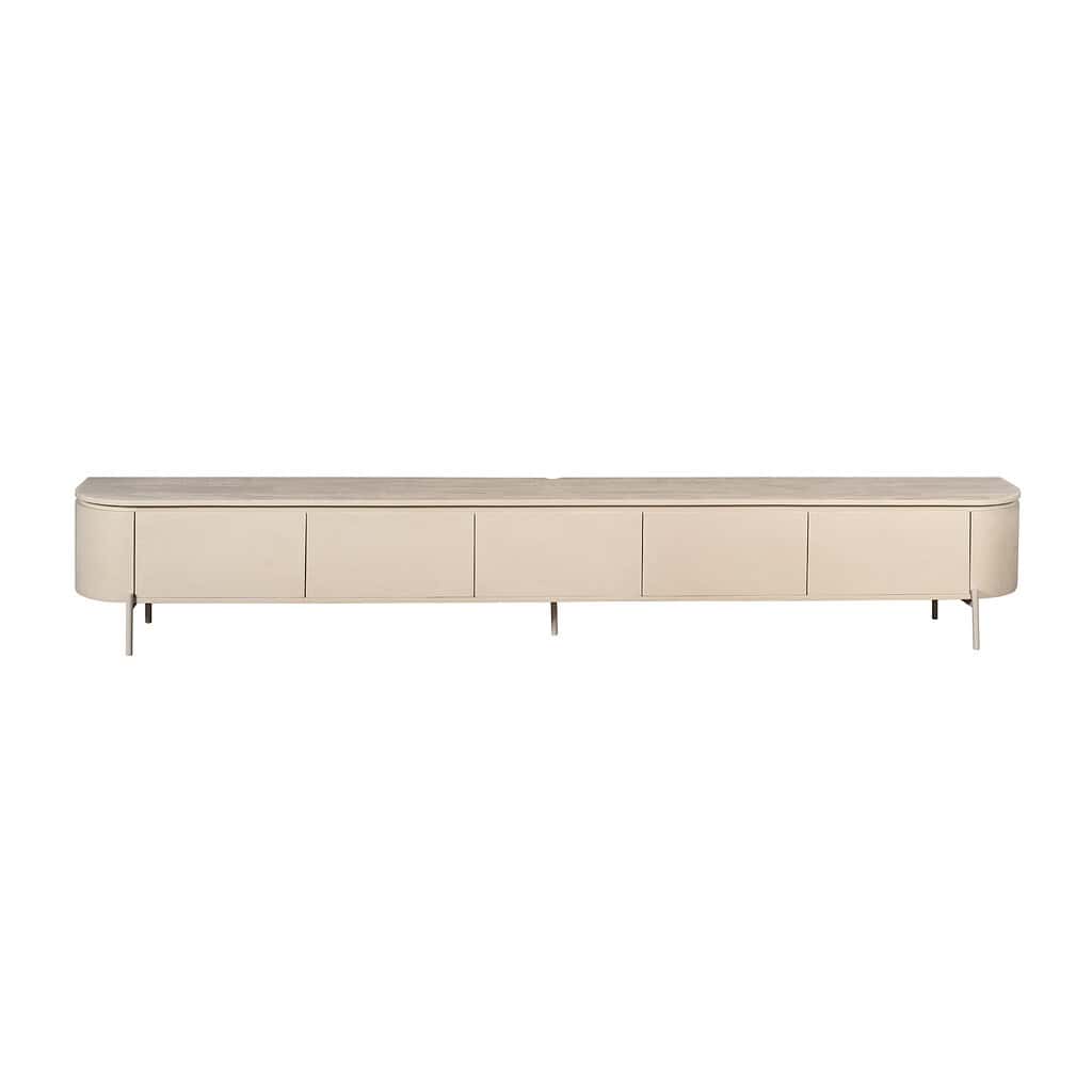 Elegante vintage houten tv-meubel met uniek design en meerdere opbergladen, perfect voor moderne woonkamers en eyecatching entertainmentmeubel.