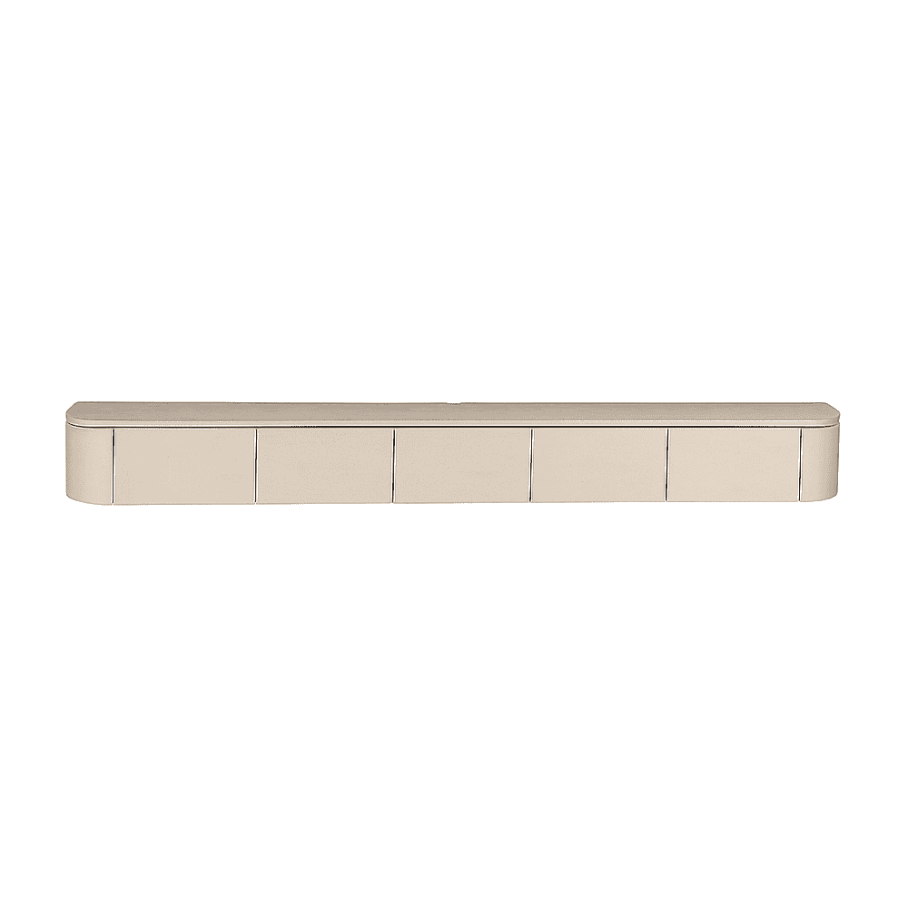Donkere houten TV-meubel met meerdere schuifdeuren voor moderne woonkamer inrichting.