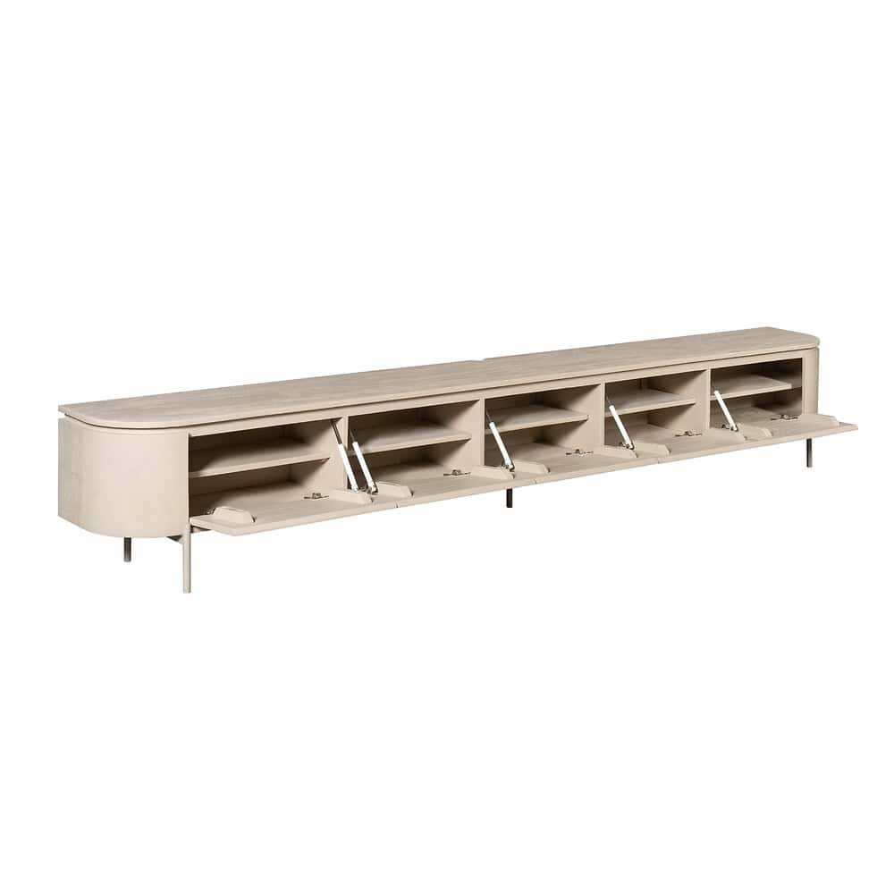 Elegante beige tv-meubel met gesloten opbergvakken en verstelbare gebruiksoppervlakken, perfect voor moderne woonkamers.