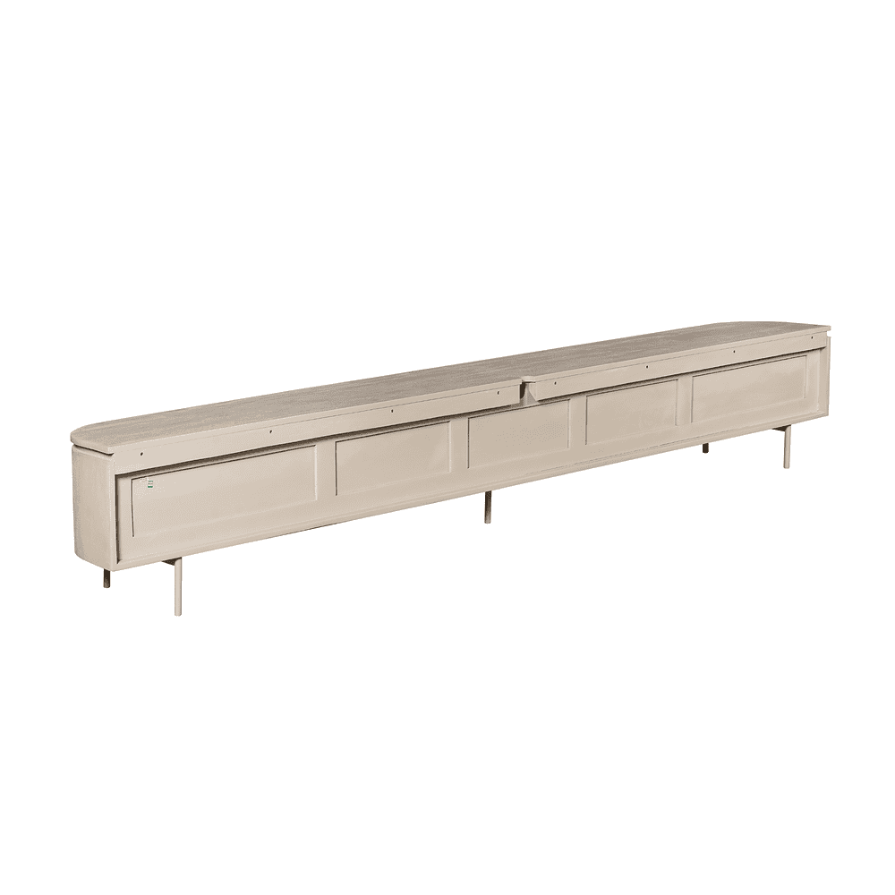 Elegant beige houten dressoir met lade- en kastdeuren, modern meubelstuk voor woonkamer of slaapkamer. Perfect voor opbergen en decoratie, hoogwaardige afwerking en Scandinavisch design.