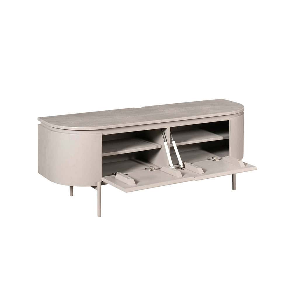 Moderne houten mediameubel met opbergvakken en uitschuifbare lades, perfect voor tv en multimedia apparatuur. Strak design in lichte houtkleur, ideaal voor een eigentijds interieur.