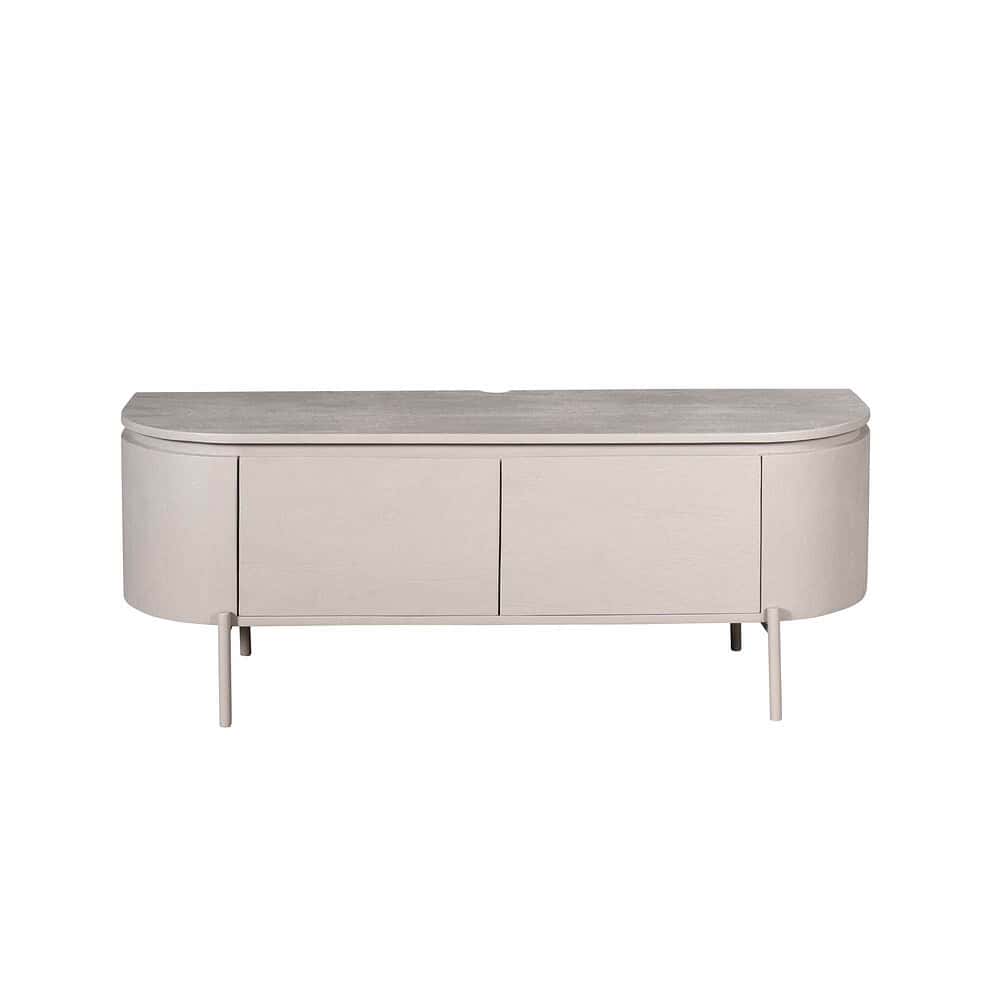 Luxe unieke tv-meubel van Mokana Meubelen met strakke afgeronde vormen en hoogwaardig houtafwerking. Perfect voor moderne woonkamerinrichting en praktische opbergruimte.