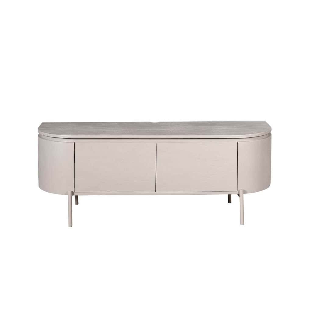 Luxe unieke tv-meubel van Mokana Meubelen met strakke afgeronde vormen en hoogwaardig houtafwerking. Perfect voor moderne woonkamerinrichting en praktische opbergruimte.