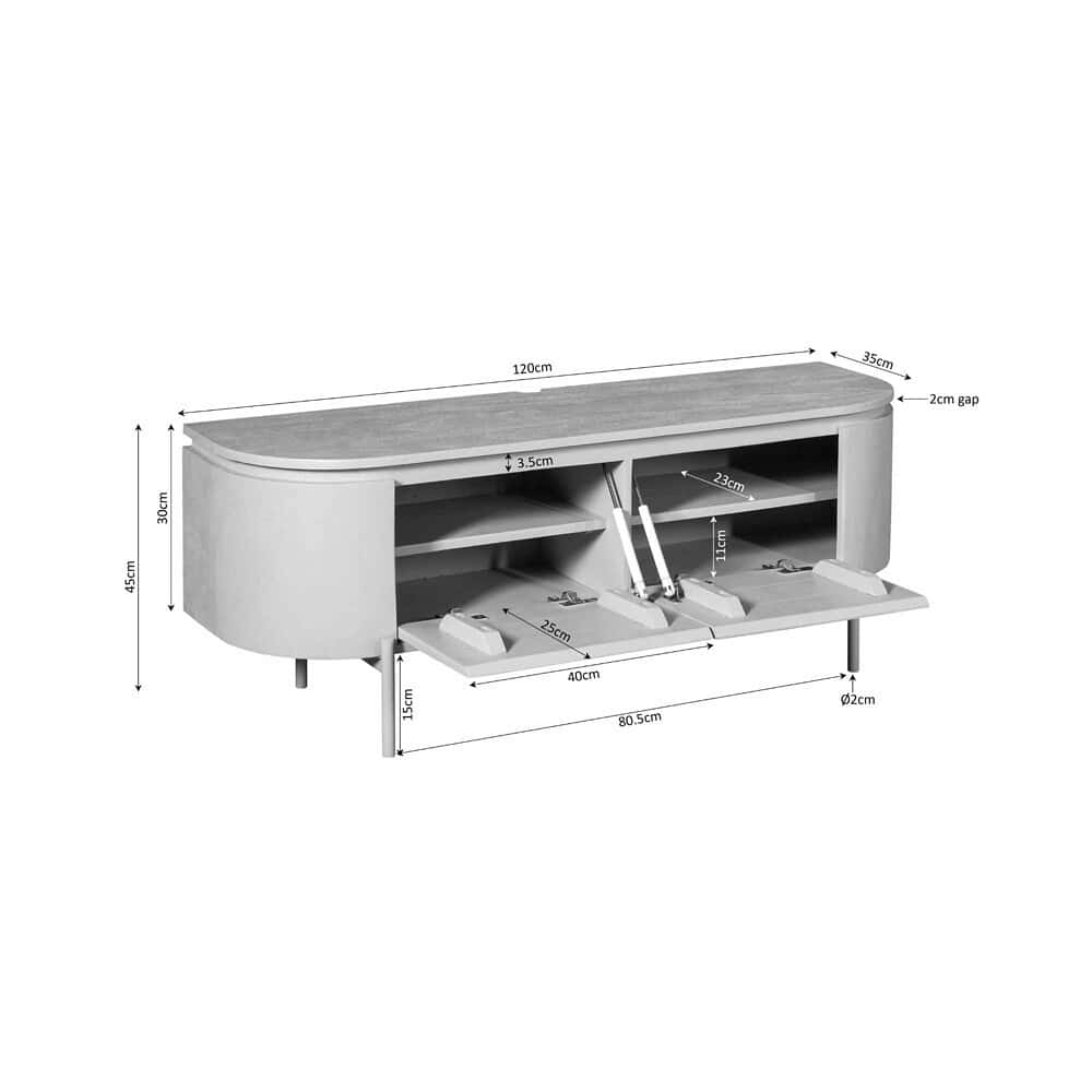 Robuuste televisiemeubel van Mokana Meubelen met opbergruimte en elektrisch verstelbare delen, perfect voor moderne woonkamers.