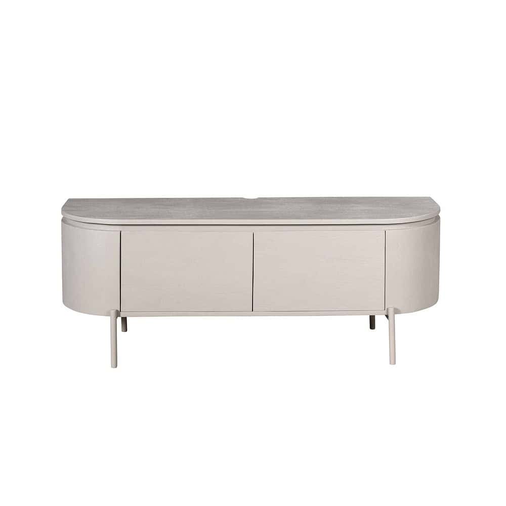 Elegante witte tv-meubel met gebogen front en houten blad, perfect voor moderne woonkamers, met ruime opbergmogelijkheden en strak design.