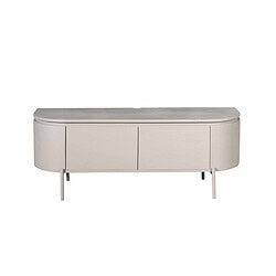 Elegante witte tv-meubel met gebogen front en houten blad, perfect voor moderne woonkamers, met ruime opbergmogelijkheden en strak design.
