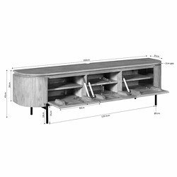 Kleine afbeelding van een moderne houten tv-meubel met opbergvakken, met afmetingen en details voor maatadvies, perfect voor een stijlvolle en praktische woonkamerinrichting.