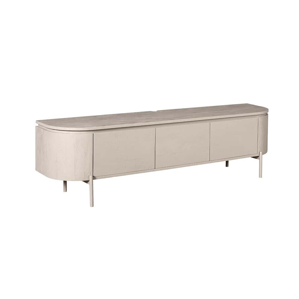 Luxe tv-meubel in lichte houttint, modern Scandinavisch design, opbergruimte en elegante uitstraling, perfect voor woonkamer, Mokana meubels.