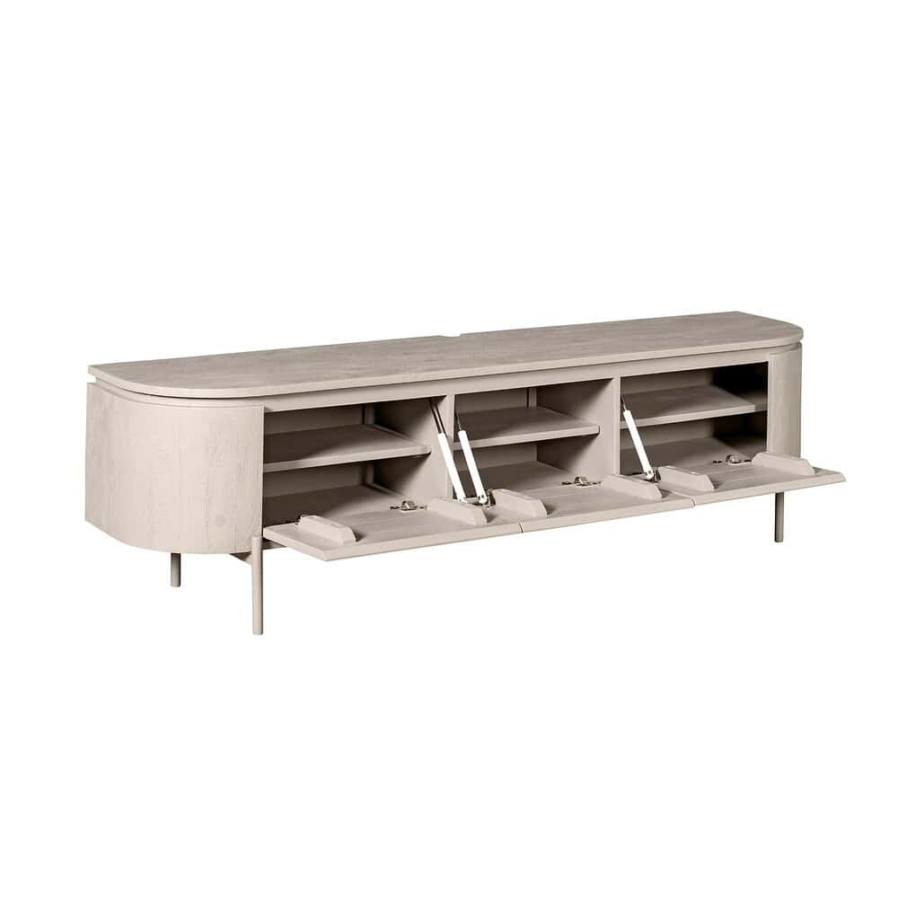 Stijlvolle tv-meubel van licht eikenhout met meerdere opbergvakken en uitschuifbare delen voor optimale functionaliteit. Perfect voor een moderne woonkamer.