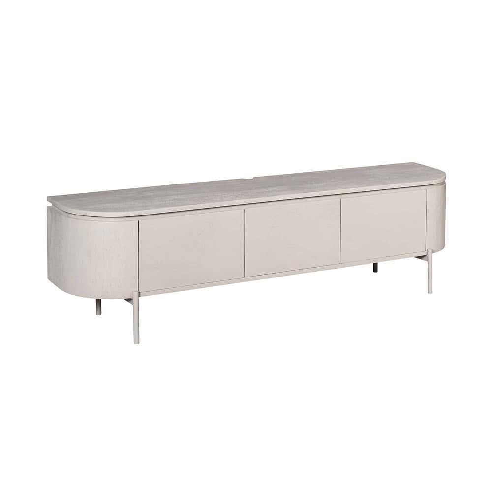 Elegante witte houten tv-meubel met drie deuren en afgeronde hoeken, perfect voor een moderne woonkamer, ontworpen door Mokana Meubelen.