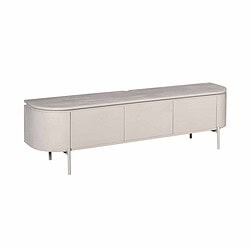 Elegante witte houten tv-meubel met drie deuren en afgeronde hoeken, perfect voor een moderne woonkamer, ontworpen door Mokana Meubelen.
