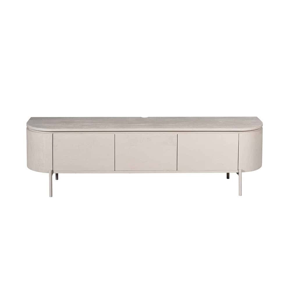 Luxe witte lage tv-meubel met afgeronde hoeken en houten details, perfect voor moderne woonkamers.