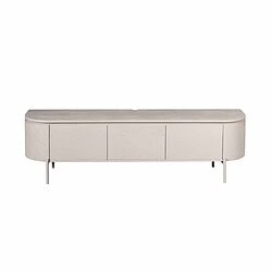 Luxe witte lage tv-meubel met afgeronde hoeken en houten details, perfect voor moderne woonkamers.