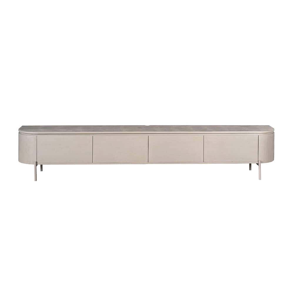 Strakke moderne tv-meubel in licht houtlook met storage, perfect voor woonkamerinrichting en opbergen van multimedia-apparatuur.