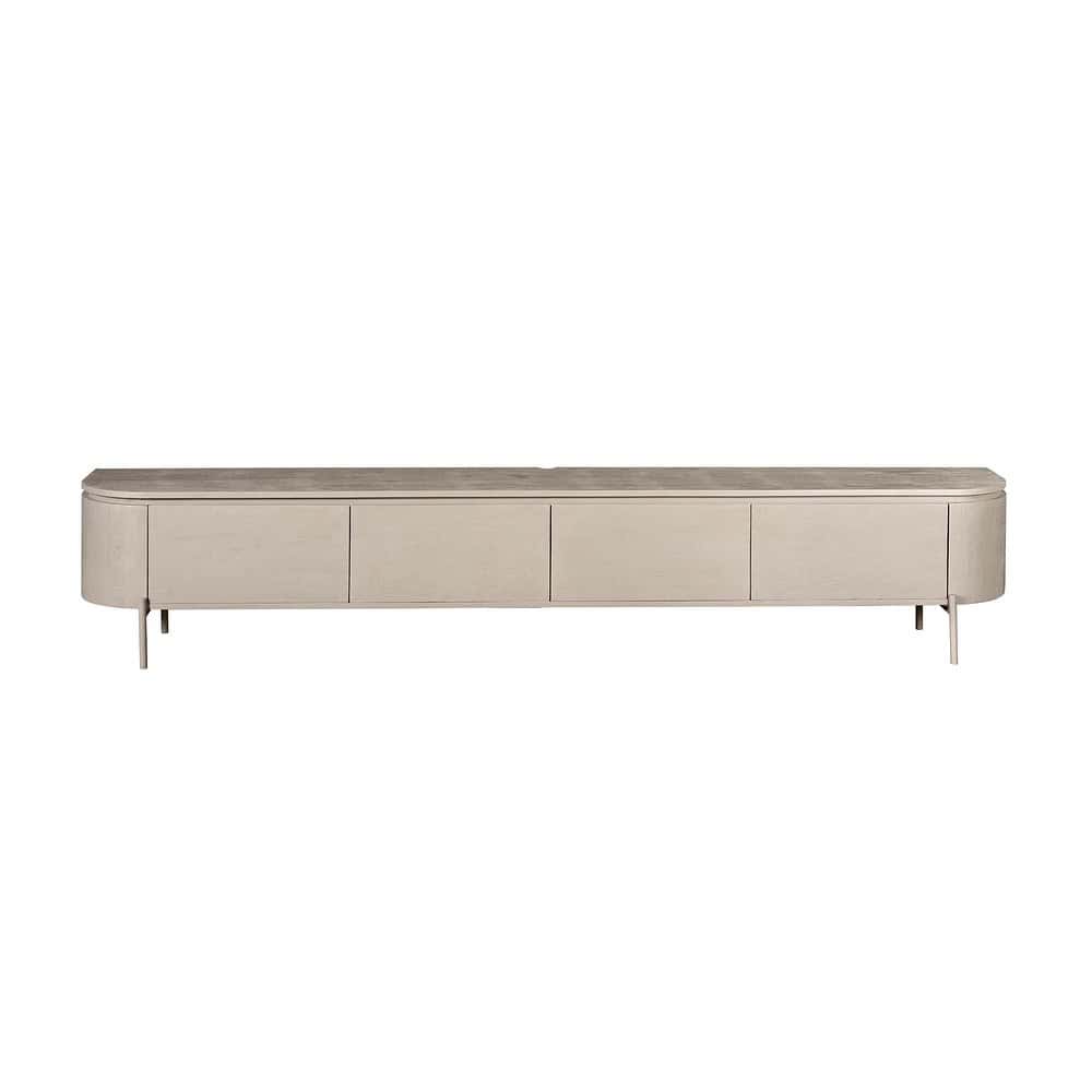 Minimalistisch mediabox meubel in licht eiken met ronde hoeken en twee deurs in Scandinavisch design.