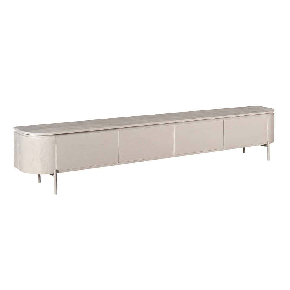 Eettafel van licht eikenhout met afgeronde hoeken en modern design, geschikt voor woonkamer of kantoor.