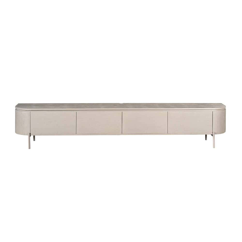 Elegant houten tv-meubel met afgeronde hoeken en strak design, perfect voor een moderne woonstijl. Gemaakt van hoogwaardige materialen, biedt ruime opbergmogelijkheden en stijlvol comfort.