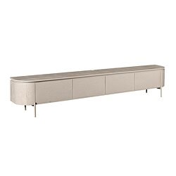 Luxe houten tv-meubel met strakke uitstraling, afgeronde hoeken en ruime opberglades, perfect voor modern interieur en entertainmentcenter.