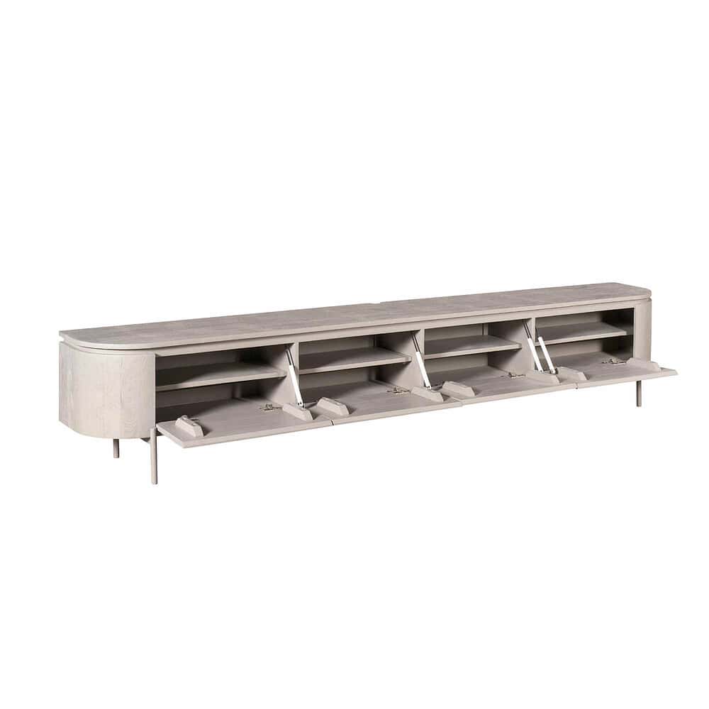 Warm white modern TV-meubel met openslaande deuren en in hoogte verstelbare planken, perfect voor stijlvolle woonruimtes.