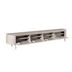 Warm white modern TV-meubel met openslaande deuren en in hoogte verstelbare planken, perfect voor stijlvolle woonruimtes.
