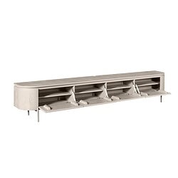 Strakke houten tv-meubel met slimme opbergvakken en uitschuifbare planken, perfect voor een moderne woonkamer. Uniek design en functionaliteit in natuurlijke houtdetails.