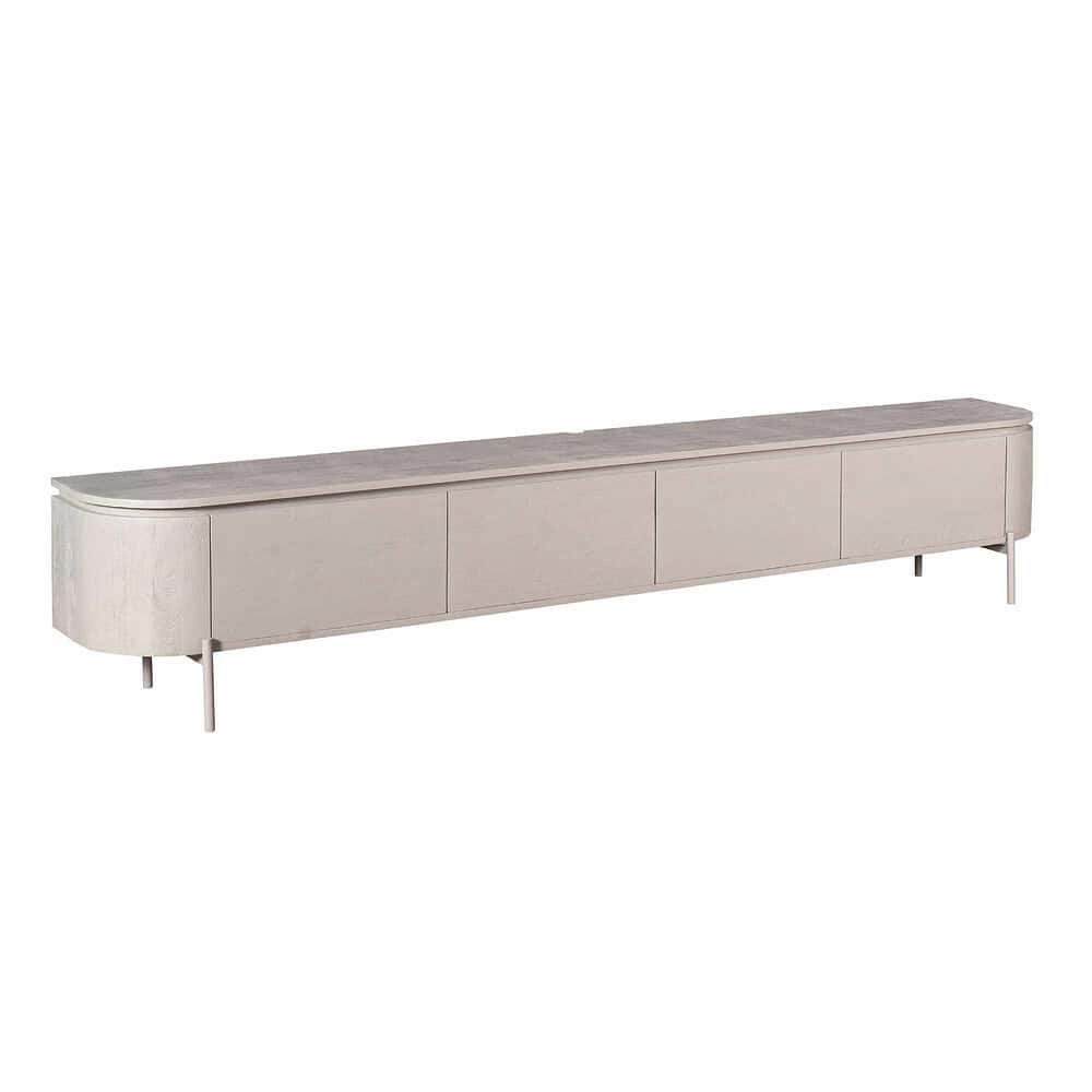 Eigentijdse witte tv-meubel met opslagruimte en elegante ronde details, gemaakt door Mokana Meubelen, perfect voor een moderne woonkamer.