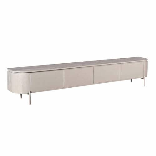 Eigentijdse witte tv-meubel met opslagruimte en elegante ronde details, gemaakt door Mokana Meubelen, perfect voor een moderne woonkamer.