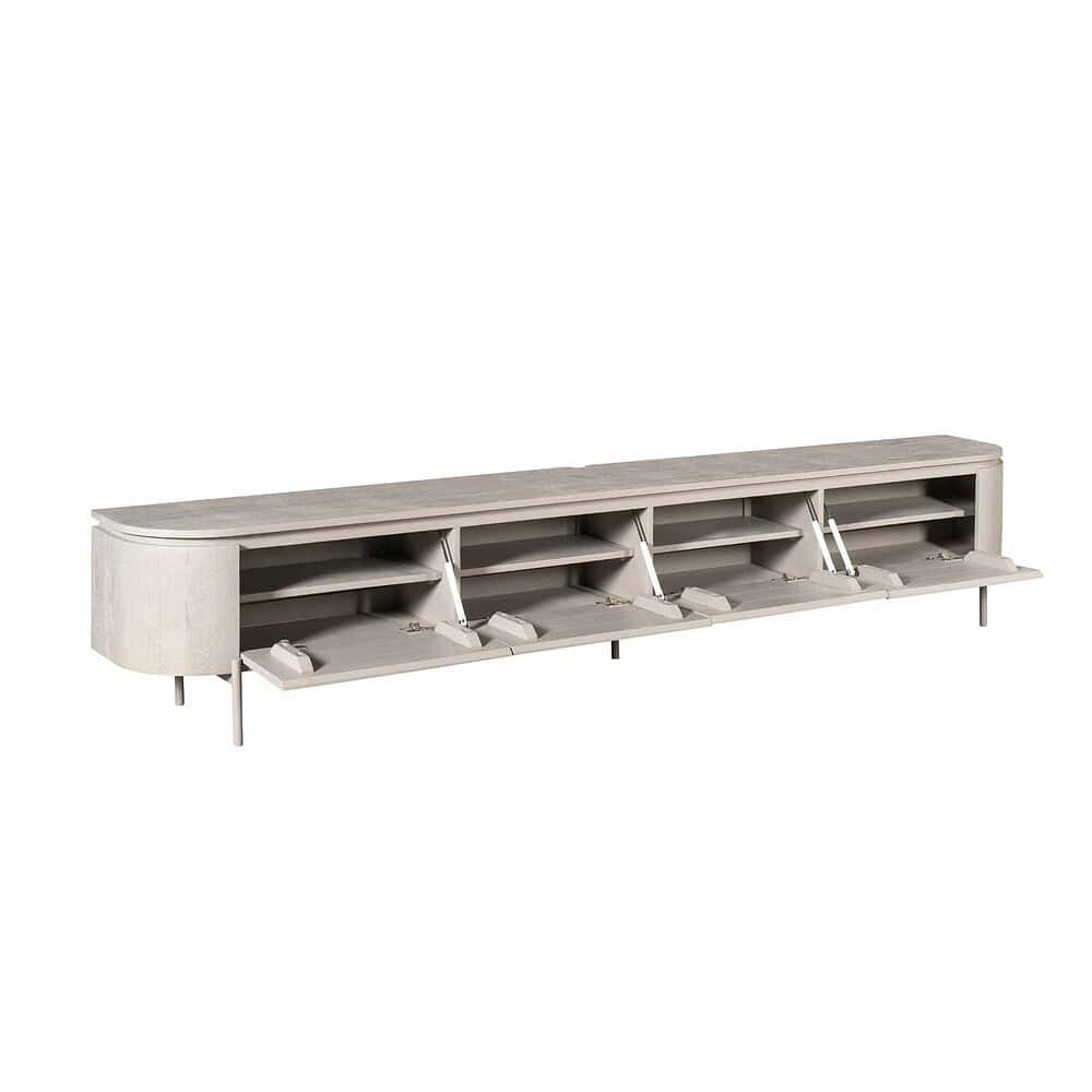 Grote moderne tv-meubel in licht hout met opbergruimte en uitschuifbare planken, ideaal voor moderne woonkamers en entertainment centers.